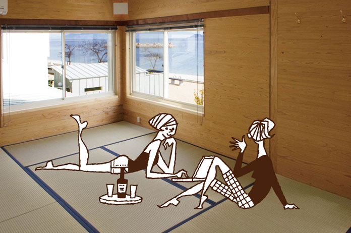 波の音も心地良いお部屋でのんびりとした時間を過ごすのもオススメ。キッチンで作った料理を肴にお酒や会話をお楽しみください。ネット環境もあるので、いつもと違う環境で創作活動にいそしんだり集中して仕事をすれば、新しいアイデアがひらめくかも?!